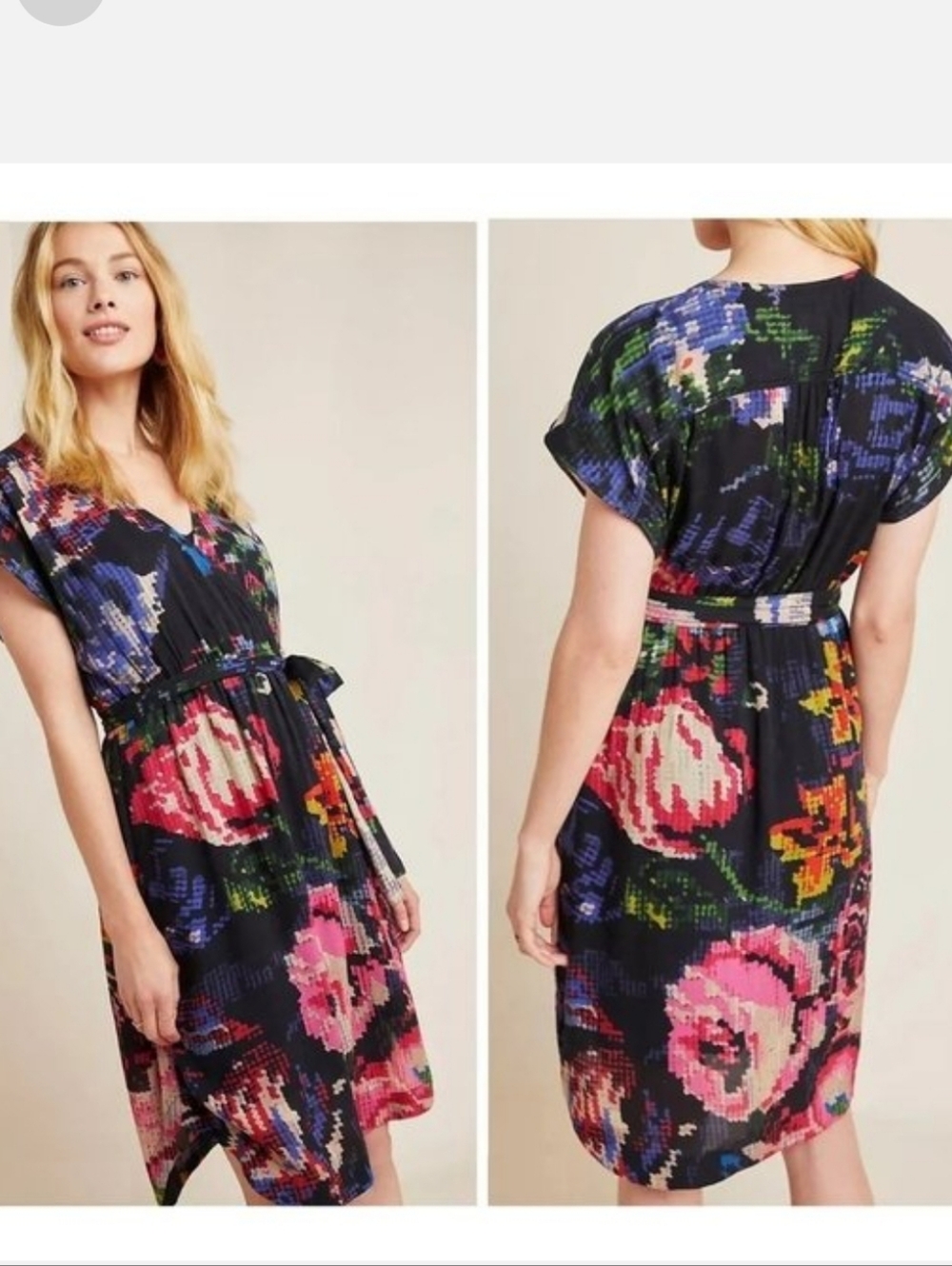 Anthropologie Floral Rainbow Swiss Dot Pixel Astrid abstract wrap dress S
